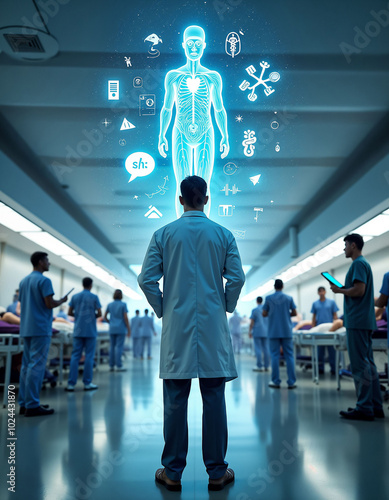 Doctor observing holographic human anatomy in futuristic lab. photo