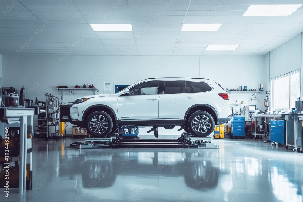 A modern white SUV is parked in a bright and clean auto repair shop. The vehicle is elevated A modern white SUV is parked in a bright and clean auto repair shop. The vehicle is elevated