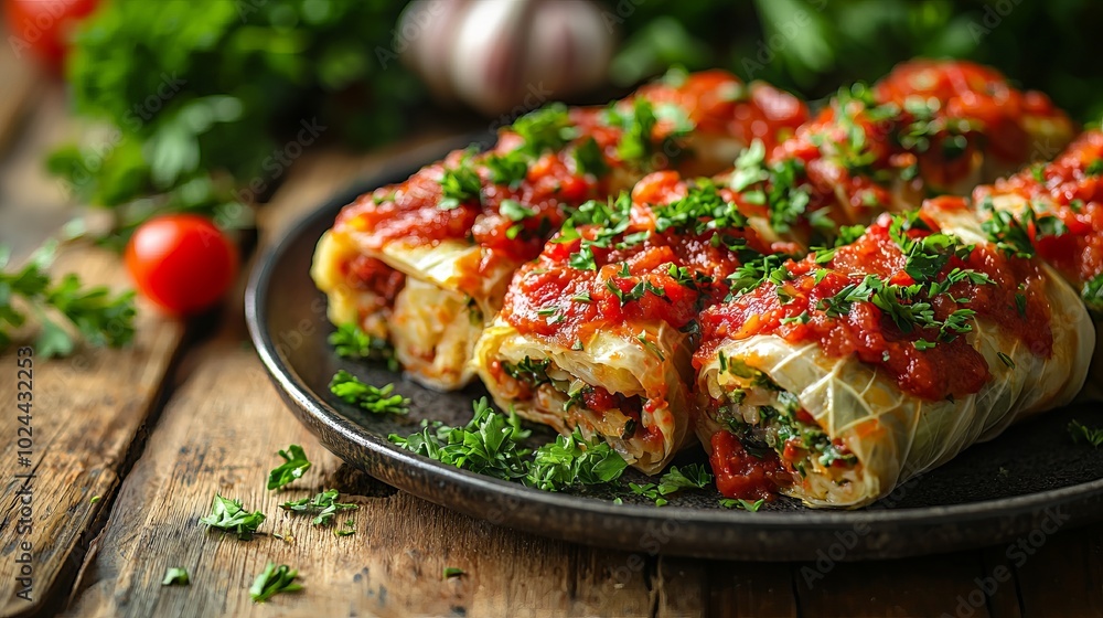 Delicious plate of stuffed cabbage rolls topped with tomato sauce and fresh herbs Delicious plate of stuffed cabbage rolls topped with tomato sauce and fresh herbs