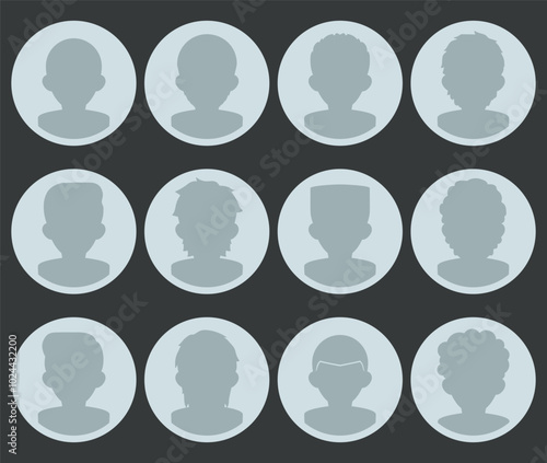 Male User Profile Picture Monochrome Grey Silhouette with Hair and Clothes Varieties Flat Vector Icon Set