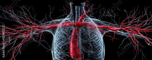 A top-down 3D view of the lymphatic system in the chest, showing the paired thoracic duct and right lymphatic duct draining into the veins symmetrically. photo