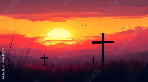 Three Crosses Silhouetted Against a Sunset Over a Hilly Landscape