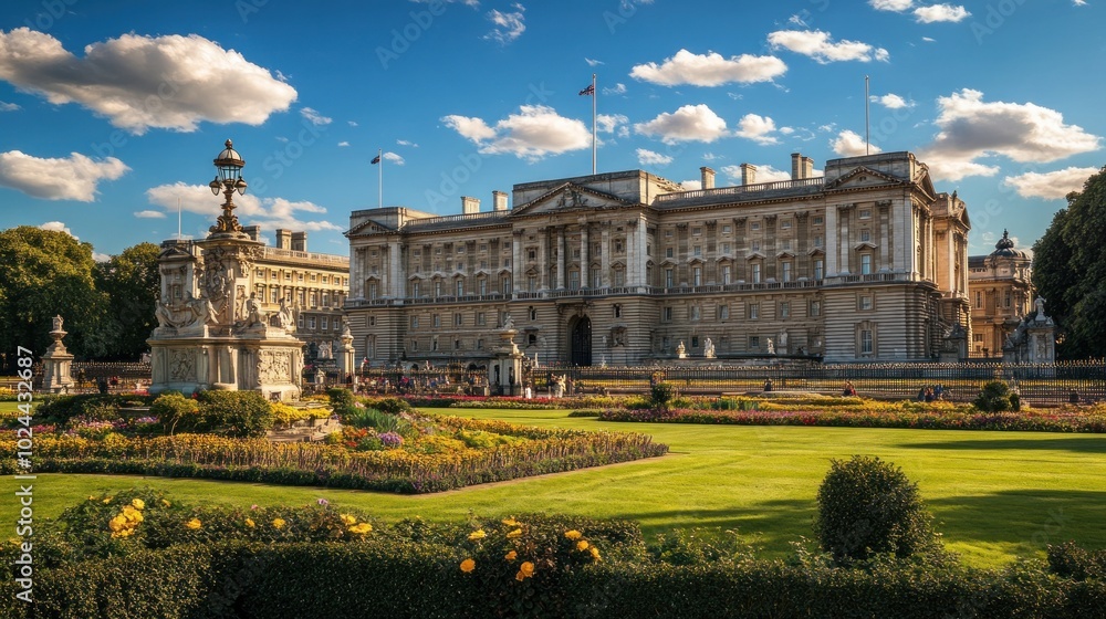 Obraz premium A large, imposing palace with a manicured lawn and flower beds