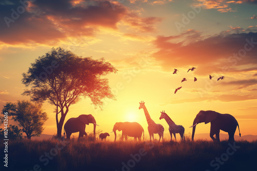 A breathtaking savannah sunset with golden sky, silhouetting a group of majestic animals such as elephants, giraffes, and zebras. Background featuring the expansive African landscape with acacia tree