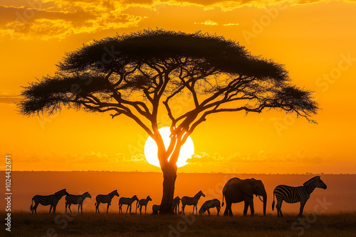 A breathtaking savannah sunset with golden sky, silhouetting a group of majestic animals such as elephants, giraffes, and zebras. Background featuring the expansive African landscape with acacia tree