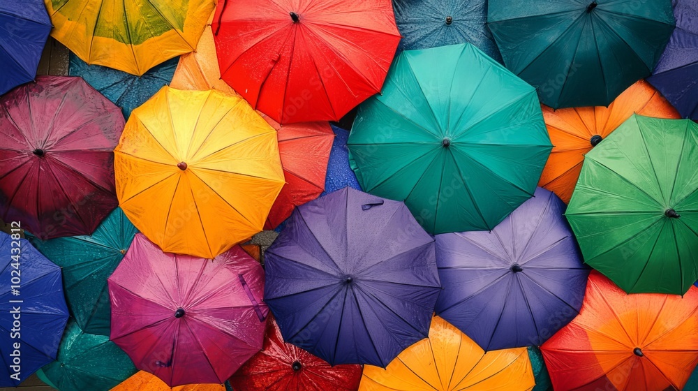 A vibrant array of umbrellas, their hues painting a colorful tapestry against the backdrop of a rainy day, creates a visually captivating scene. From above A vibrant array of umbrellas, their hues painting a colorful tapestry against the backdrop of a rainy day, creates a visually captivating scene. From above
