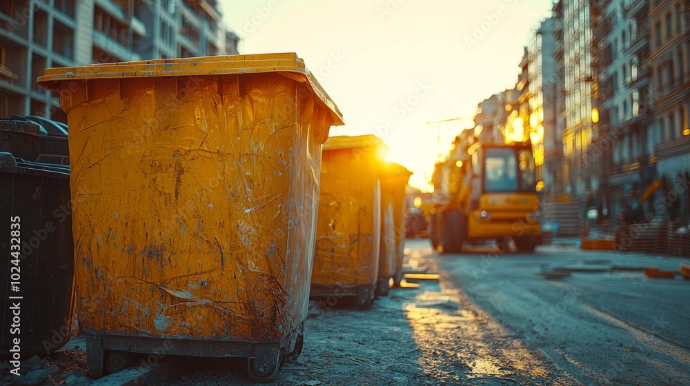 Naklejka premium Yellow dumpster on an urban street under soft lighting with construction in the background