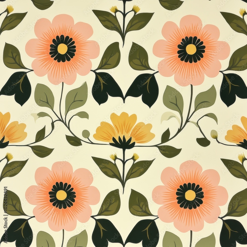 A floral pattern with pink and yellow flowers is displayed on a white background A floral pattern with pink and yellow flowers is displayed on a white background