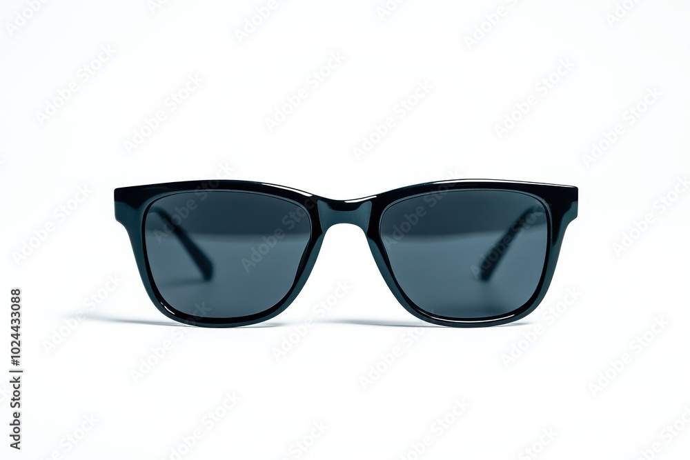 A pair of stylish black sunglasses with dark lenses, placed against a clean, white background A pair of stylish black sunglasses with dark lenses, placed against a clean, white background