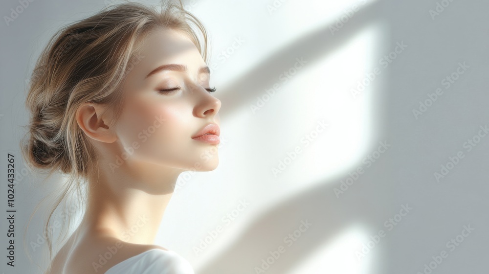 serene woman with healthy, glowing skin is captured in soft light, showcasing her natural beauty and tranquility. gentle shadows enhance peaceful atmosphere serene woman with healthy, glowing skin is captured in soft light, showcasing her natural beauty and tranquility. gentle shadows enhance peaceful atmosphere