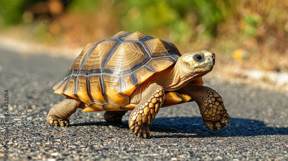 Close-up of a tortoise walking on a road with detailed shell texture Close-up of a tortoise walking on a road with detailed shell texture