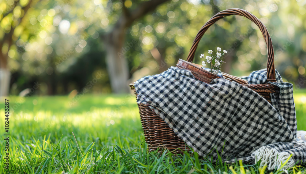 woven wicker basket with a checkered fabric draped over the edge is placed on lush green grass, woven wicker basket with a checkered fabric draped over the edge is placed on lush green grass,