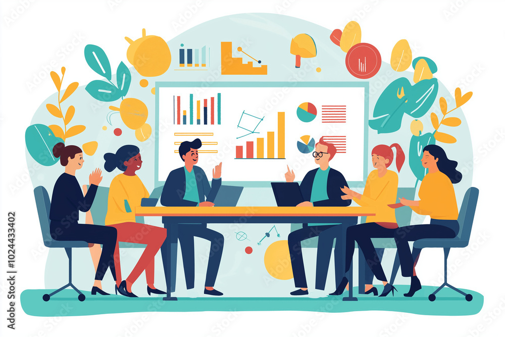 A group of diverse business people sitting around a table in a lively discussion, with a whiteboard in the background displaying charts and graphs, vector cartoon style, with copy space. A group of diverse business people sitting around a table in a lively discussion, with a whiteboard in the background displaying charts and graphs, vector cartoon style, with copy space.