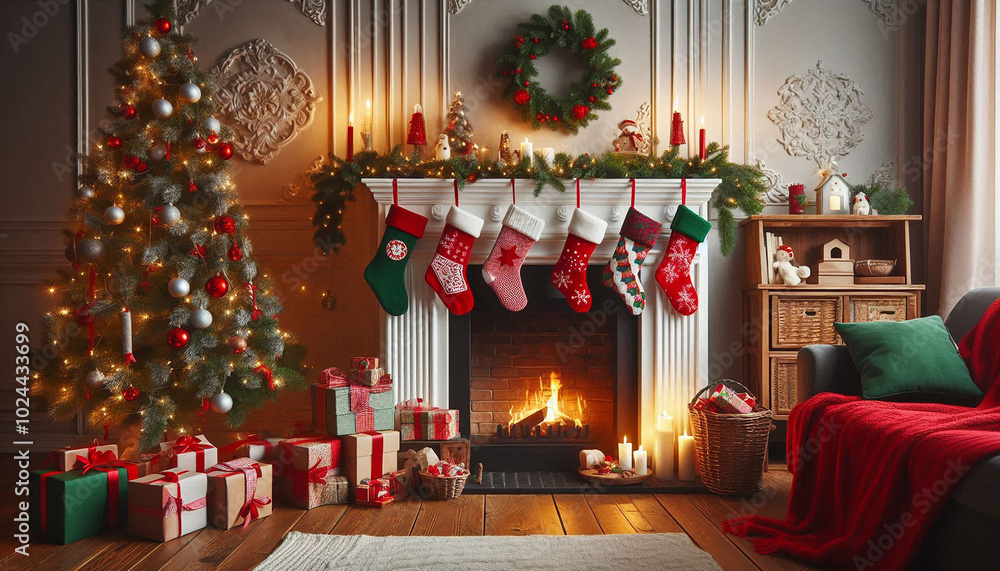 a fireplace with a christmas tree and stockings on it a fireplace with a christmas tree and stockings on it