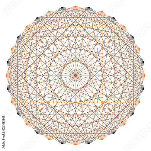 Geometrical complex spirograph motif formed from straight lines crossing in black and orange color outlines