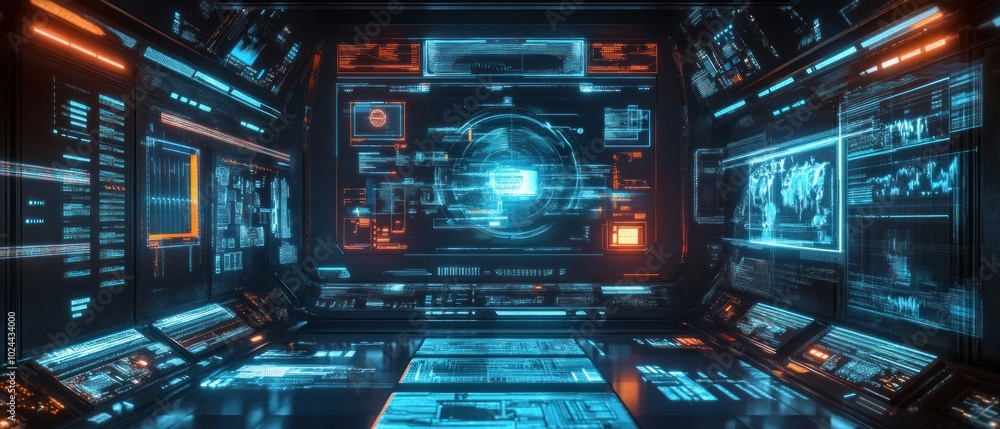 Futuristic control room with multiple screens displaying data Futuristic control room with multiple screens displaying data