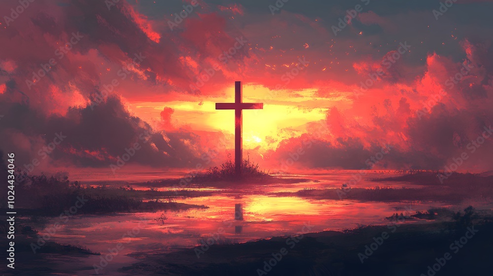 A solitary cross silhouetted against a fiery sunset sky. A solitary cross silhouetted against a fiery sunset sky.