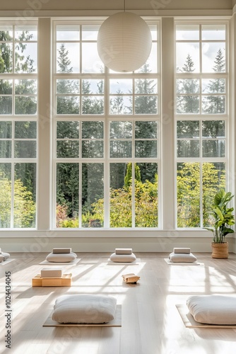 Minimalist yoga studio with a large window overlooking a lush green garden, a rolled-up mat in the center of the room and sunlight streaming through the window