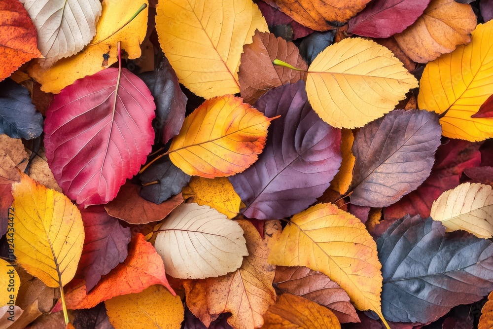A pile of autumn leaves in various shades of red, yellow, orange, and brown. The leaves are stacked A pile of autumn leaves in various shades of red, yellow, orange, and brown. The leaves are stacked