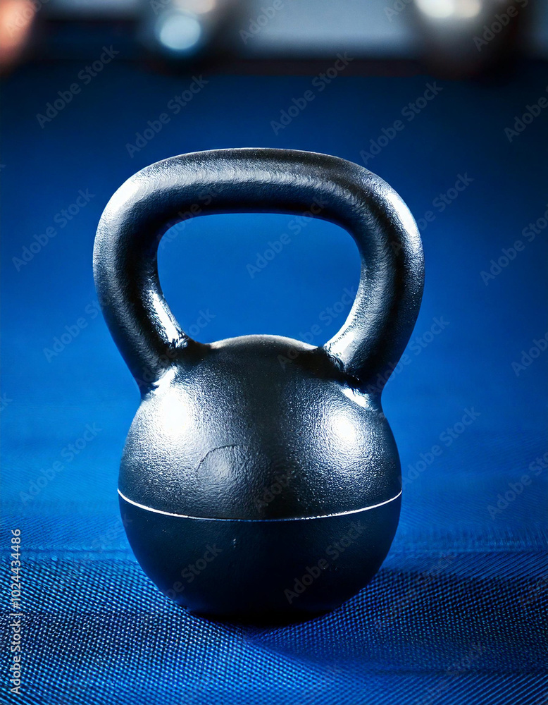 Fototapeta premium Black iron Kettlebell weight on a blue background with copy space