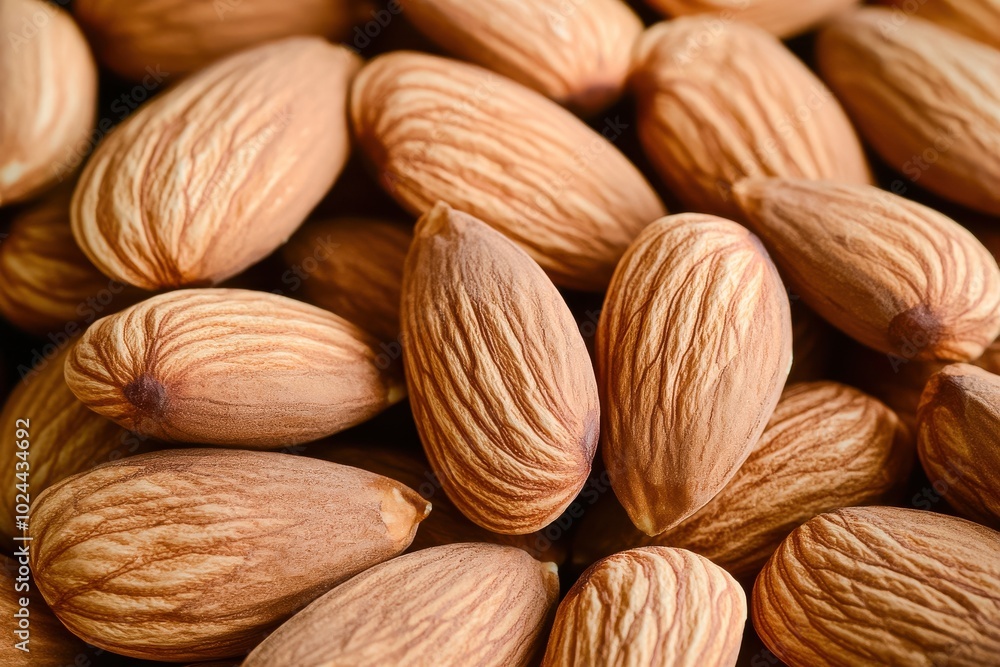 A pile of whole almonds with their smooth, brown shells. The almonds have subtle ridges A pile of whole almonds with their smooth, brown shells. The almonds have subtle ridges