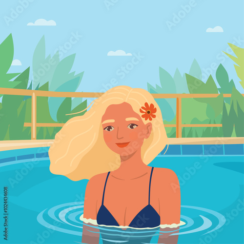 Beautiful girl in the pool. Blonde girl in bikini. Summer vacation and tourism concept. Woman sunbathing in tropical country.