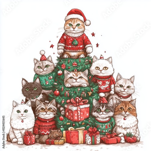 Christmas tree made of cats. Group of cats dressed in festive Christmas ugly sweaters, stacked pets makes Xmas tree shape, gift boxes placed under tree. Illustration for poster, card, postcard, banner photo