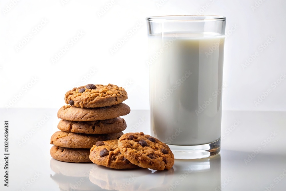 Low angle view of milk and cookies with glass of milk on white background Low angle view of milk and cookies with glass of milk on white background