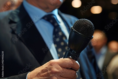 A man dressed in a formal suit and a tie is confidently holding a microphone