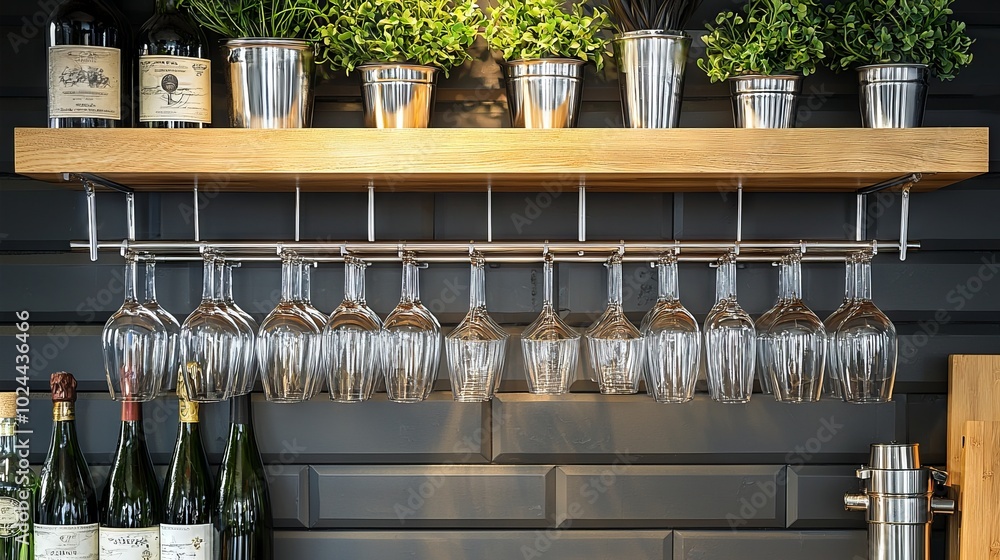 Fototapeta premium Modern wine glass rack with glasses and bottles in a stylish kitchen setting