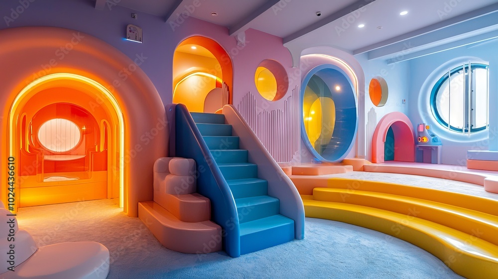 Bright and colorful children's playroom with rounded structures and slides Bright and colorful children's playroom with rounded structures and slides