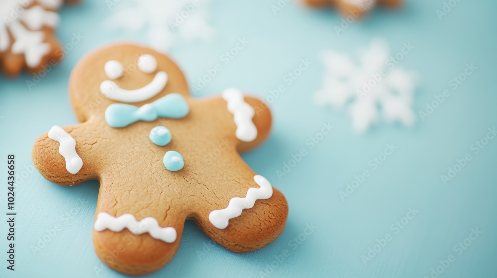 Deliciously decorated gingerbread cookies are displayed on a vibrant blue surface, perfect for the holiday season Deliciously decorated gingerbread cookies are displayed on a vibrant blue surface, perfect for the holiday season