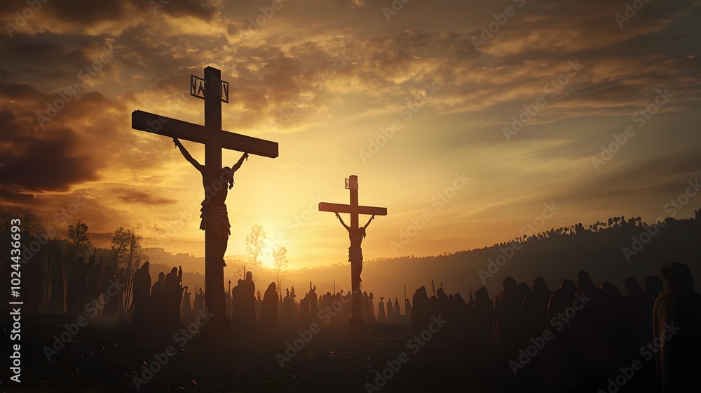 Silhouetted figures of Jesus Christ crucified on a cross with a crowd of people in the foreground during a golden sunset. Silhouetted figures of Jesus Christ crucified on a cross with a crowd of people in the foreground during a golden sunset.