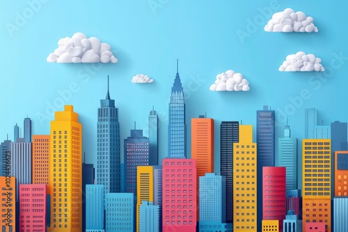 Paper Cityscape with White Clouds Against a Light Blue Background