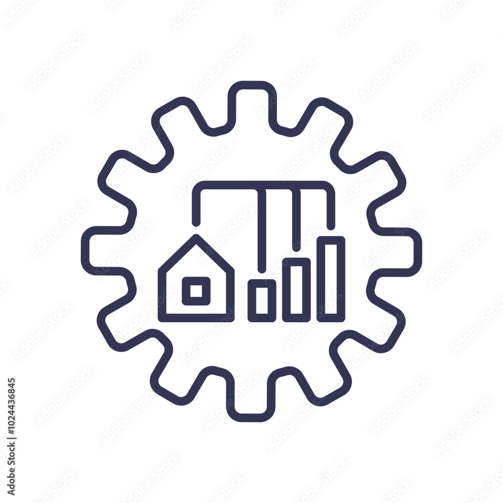 Gear with house and bar chart symbolizes performance analytics in real estate. Gear with house and bar chart symbolizes performance analytics in real estate.