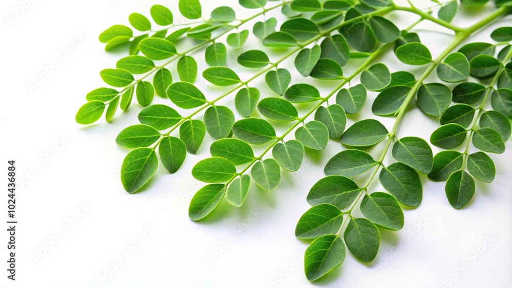 Low angle view of Moringa leaves with medicinal properties on white background Low angle view of Moringa leaves with medicinal properties on white background