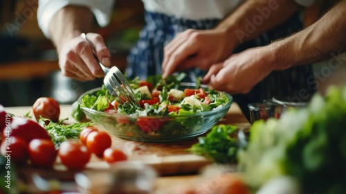 Team effort in crafting a fresh veggie salad.
