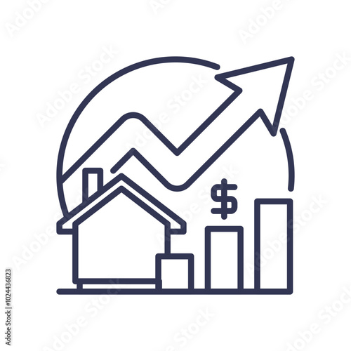 House, bar chart, and arrow symbolize property value growth.