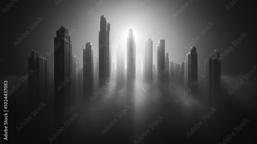 A silhouette of skyscrapers emerging from a foggy landscape with a single spotlight illuminating the tallest building. A silhouette of skyscrapers emerging from a foggy landscape with a single spotlight illuminating the tallest building.