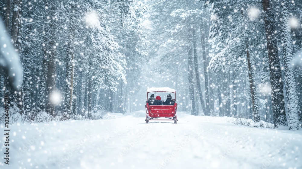 A red sleigh glides along a snow-covered path, carrying passengers through a winter A red sleigh glides along a snow-covered path, carrying passengers through a winter