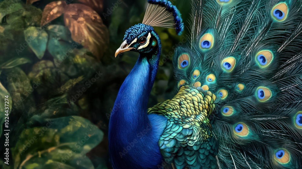 Fototapeta premium A regal peacock stands tall, displaying its brilliant blue and green feathers. The intricate details