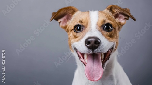 Excited Jack Russell Terrier smiling with tongue out on a gray background