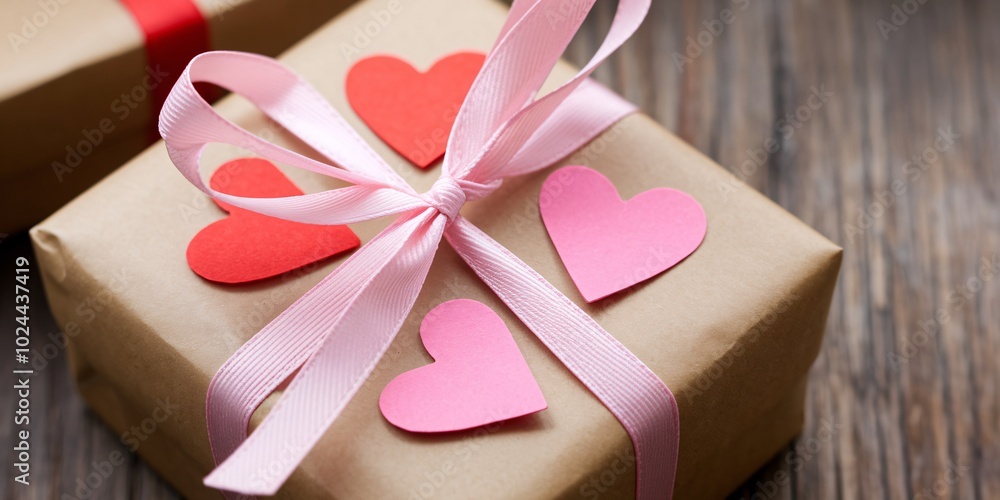 A close-up of a minimalist Valentine’s Day scene featuring a modern Scandinavian-style gift box with heart-shaped accents in bright reds and pinks. The box is wrapped in simple brown paper. A close-up of a minimalist Valentine’s Day scene featuring a modern Scandinavian-style gift box with heart-shaped accents in bright reds and pinks. The box is wrapped in simple brown paper.