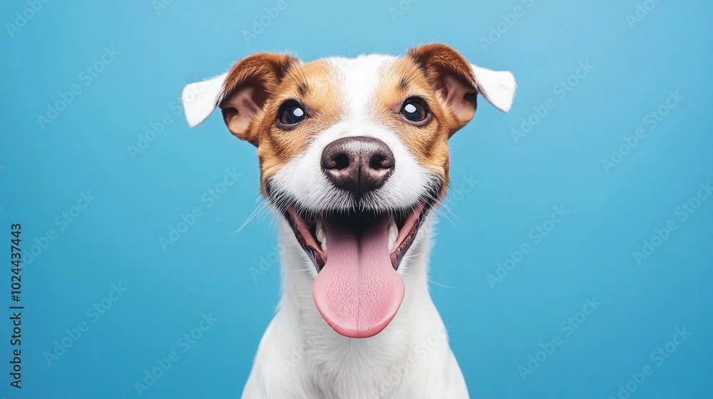Happy Jack Russell Terrier smiling with tongue out against a blue background Happy Jack Russell Terrier smiling with tongue out against a blue background