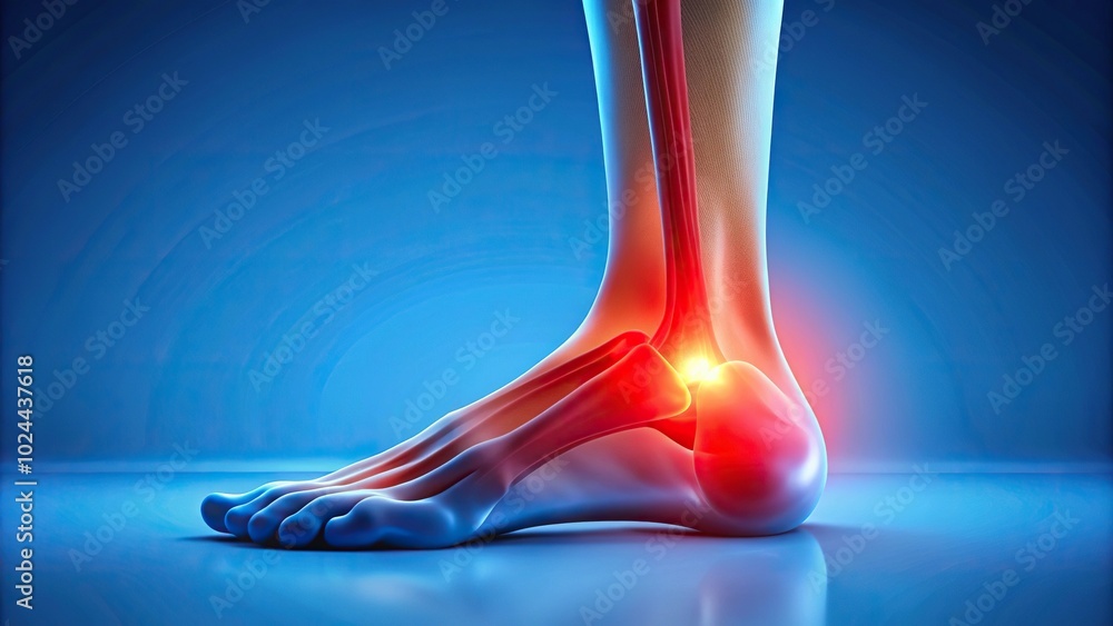 Low angle view of painful ankle in red against blue background Low angle view of painful ankle in red against blue background