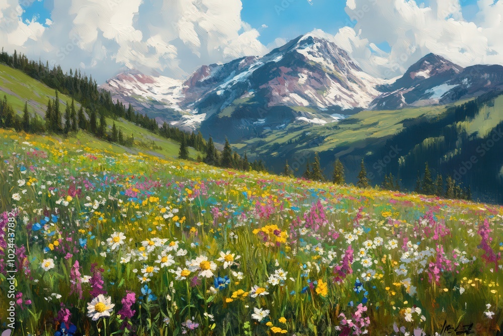 Fototapeta premium A painting of a mountain range with a field of flowers in the foreground, generative ai image