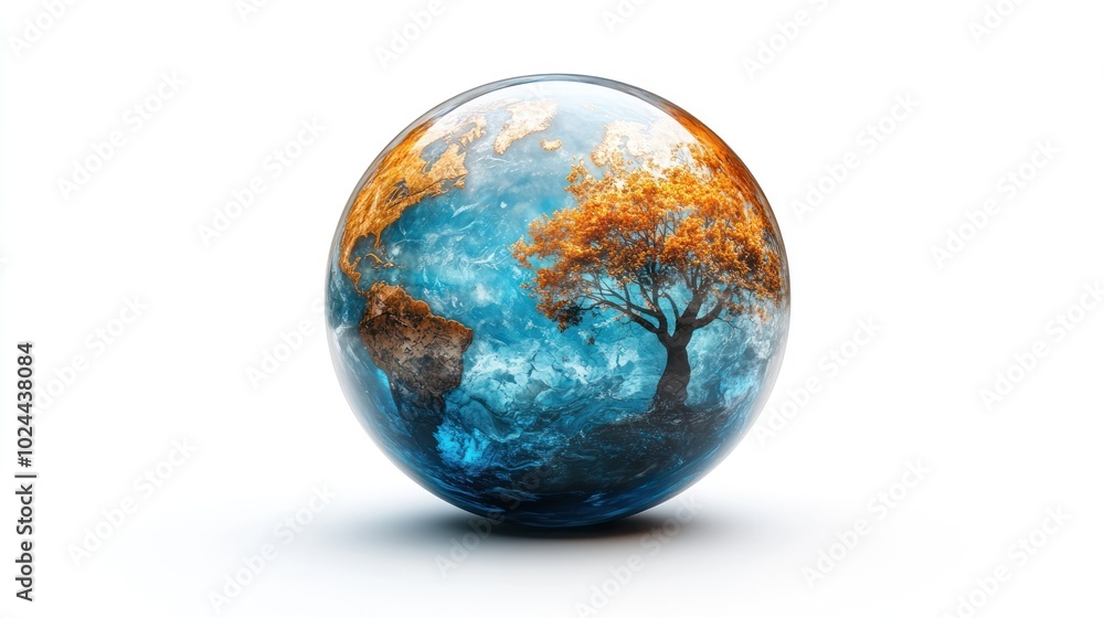 A globe depicting Earth with vibrant colors and a tree, symbolizing nature and harmony. A globe depicting Earth with vibrant colors and a tree, symbolizing nature and harmony.