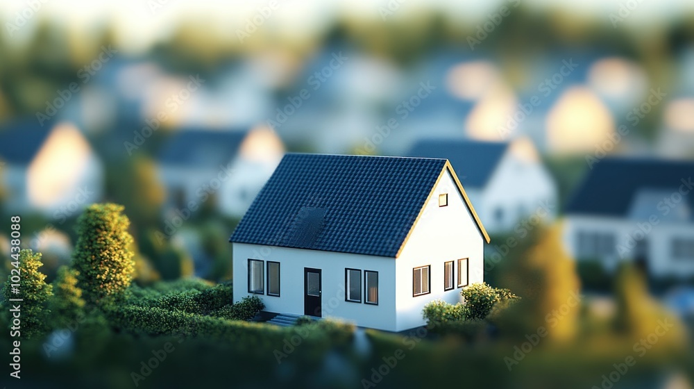 A small, modern house surrounded by greenery in a residential area. A small, modern house surrounded by greenery in a residential area.