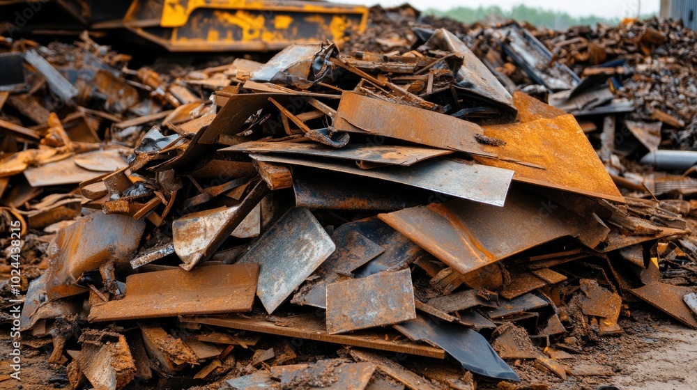 A large pile of scrap metal sits in a junkyard, ready A large pile of scrap metal sits in a junkyard, ready
