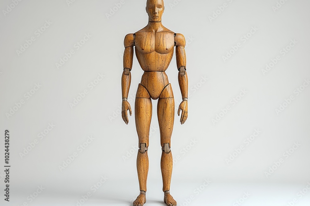 A wooden artist's mannequin standing on a white background. A wooden artist's mannequin standing on a white background.